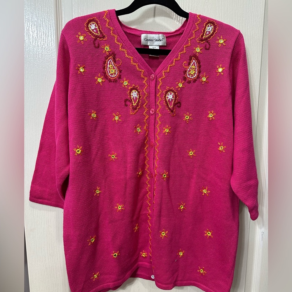 Susan Graver Pink Embroidered Cardigan